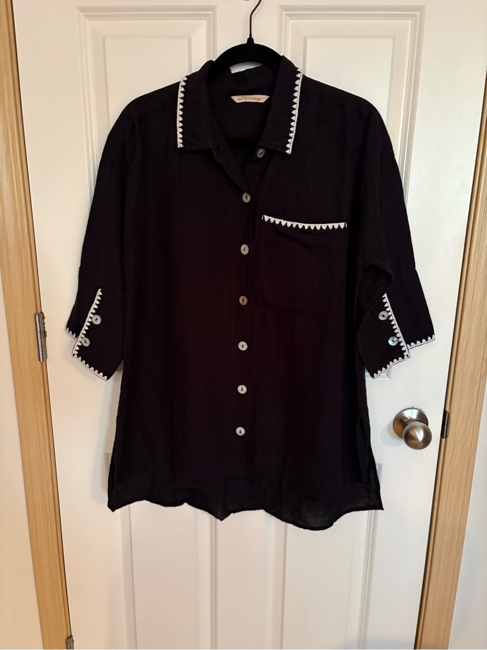 Soft Surroundings Black Button-Front Shirt with White Zigzag Trim